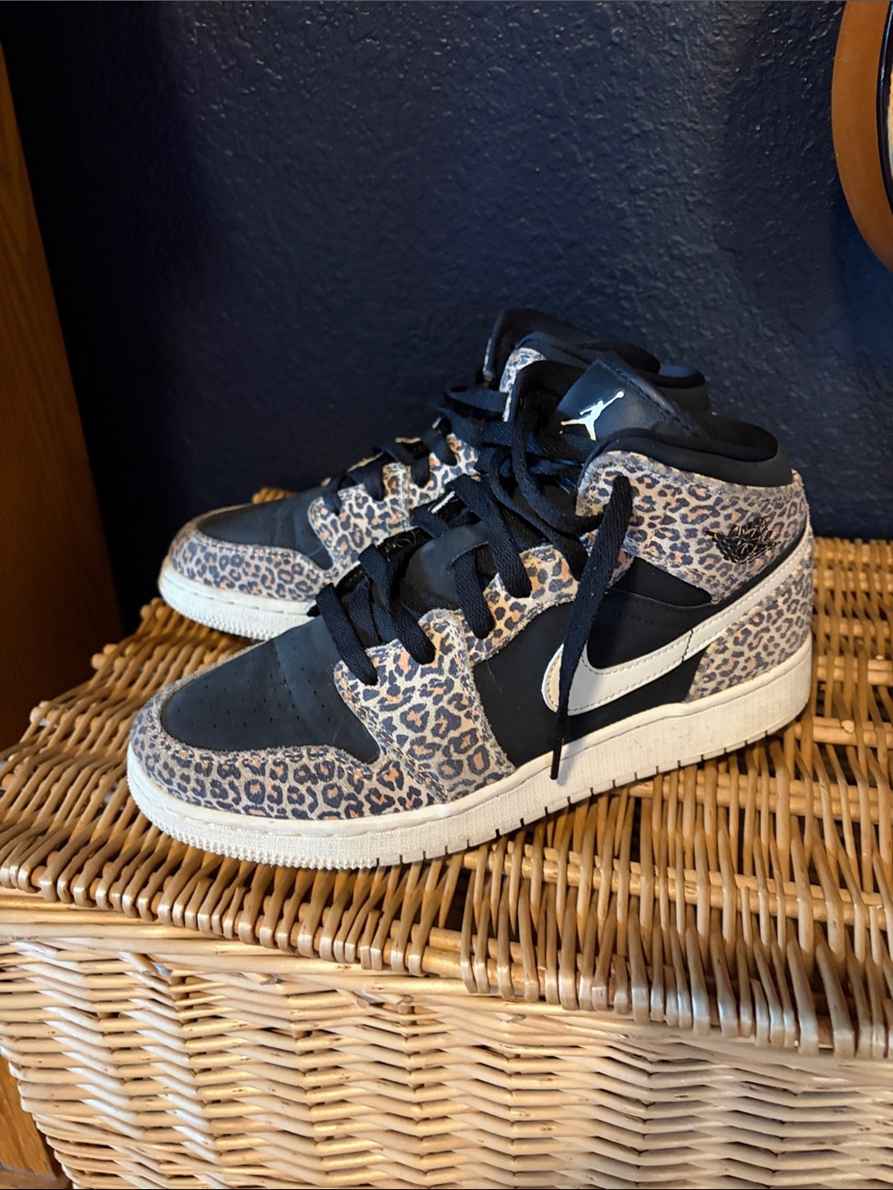 Nike Air Jordan 1 Mid Leopard Print Sneakers - Black & Tan